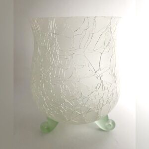 Vintage Frosted White Crackle Glass Vase Footed Green Bathroom Decor